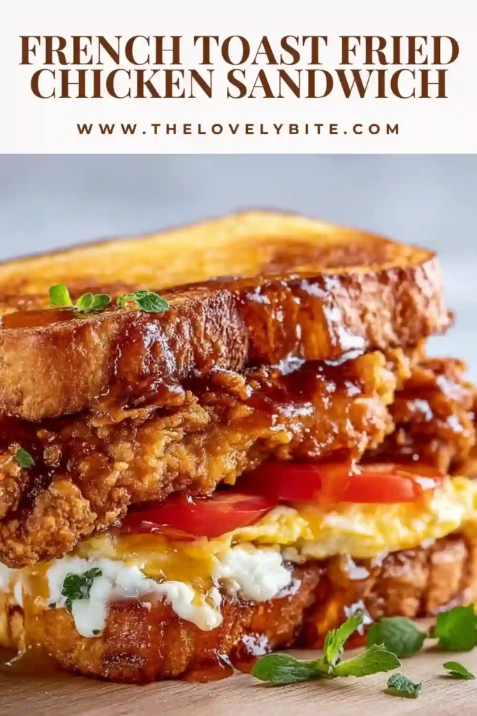 Close-up of a homemade French Toast Fried Chicken Sandwich with crunchy breaded chicken, soft brioche French toast, and a glossy drizzle of maple syrup. This sweet and savory chicken sandwich looks warm, crisp, and satisfying.