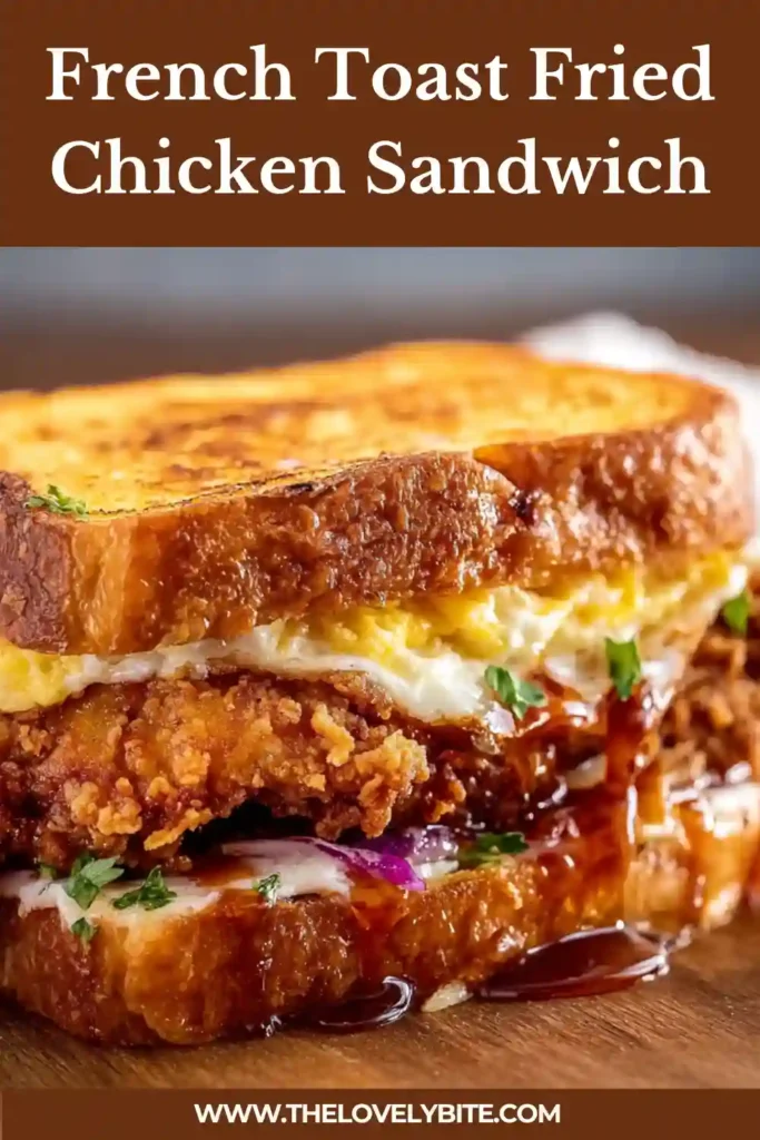 A plated French Toast Fried Chicken Sandwich served with powdered sugar and fresh berries. The crispy fried chicken and golden French toast make this brunch recipe rich, comforting, and visually inviting.