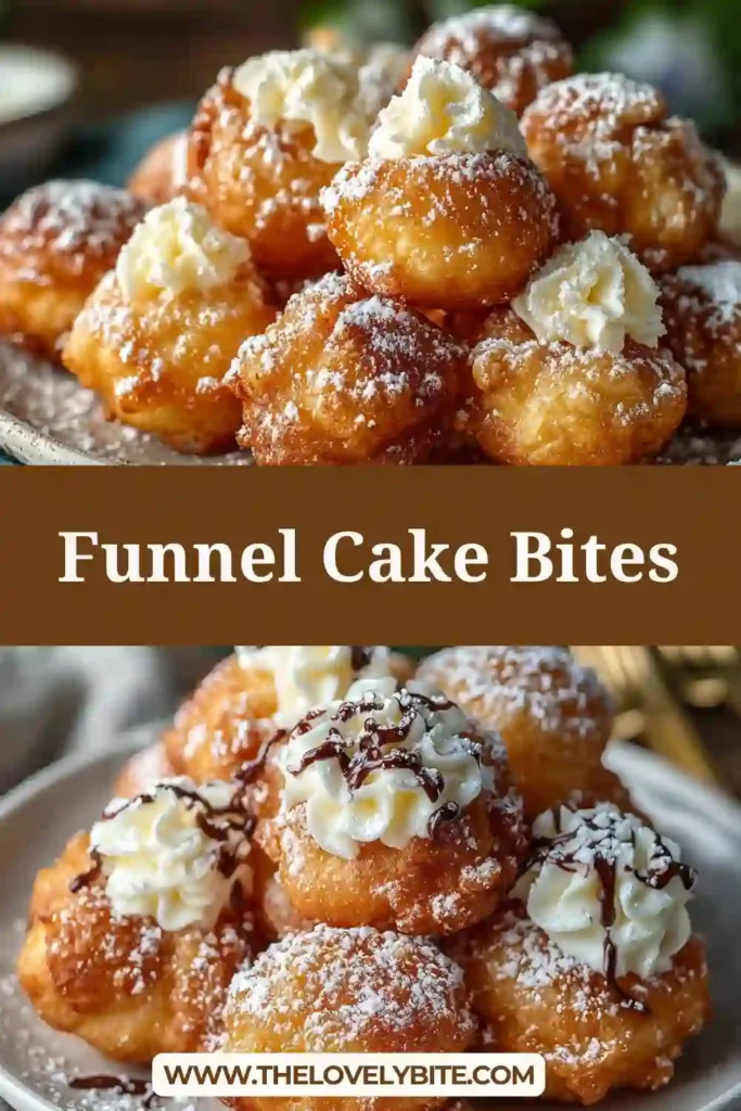 A plate of warm Funnel Cake Bites dusted generously with powdered sugar and served fresh. These golden brown fried dough bites have a soft center and a crisp outer layer, making them a classic fair style dessert.