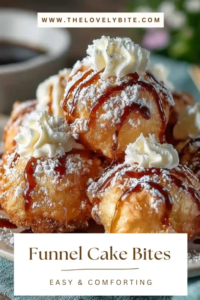 Close-up of homemade Funnel Cake Bites stacked on a serving plate with powdered sugar on top. The texture looks fluffy and tender inside with a lightly crisp, golden exterior.