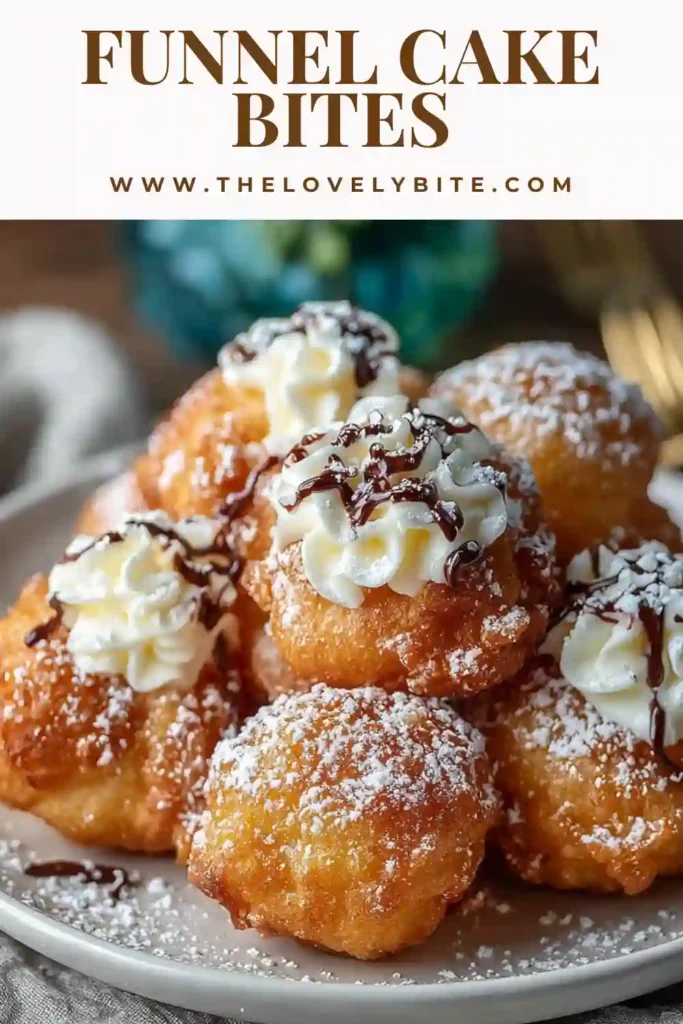 Freshly fried Funnel Cake Bites with a snowy powdered sugar coating arranged on a dessert platter. This easy carnival dessert looks warm, sweet, and perfect for sharing.