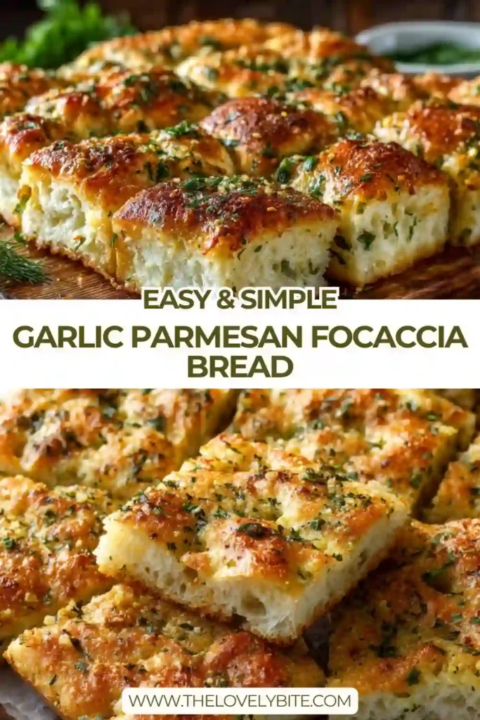 Freshly baked Garlic Parmesan Focaccia Bread with golden crust and visible garlic and cheese topping, sliced and ready to serve.