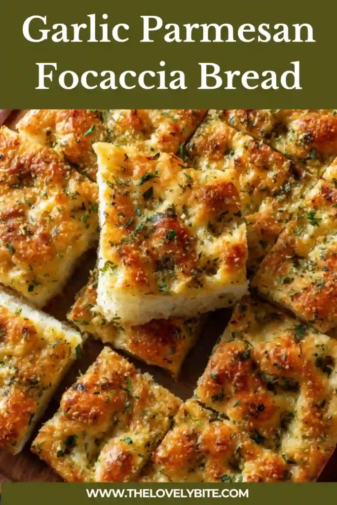 Homemade Garlic Parmesan Focaccia Bread in a baking pan, topped with herbs, olive oil, and melted parmesan cheese.