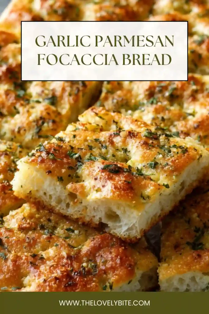 Close-up of Garlic Parmesan Focaccia Bread showing airy texture and crispy edges with garlic topping.