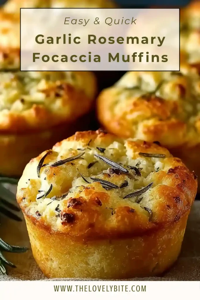Garlic rosemary focaccia muffins with golden crust and fresh herbs baked in a muffin tin. Soft interior with crispy edges visible.