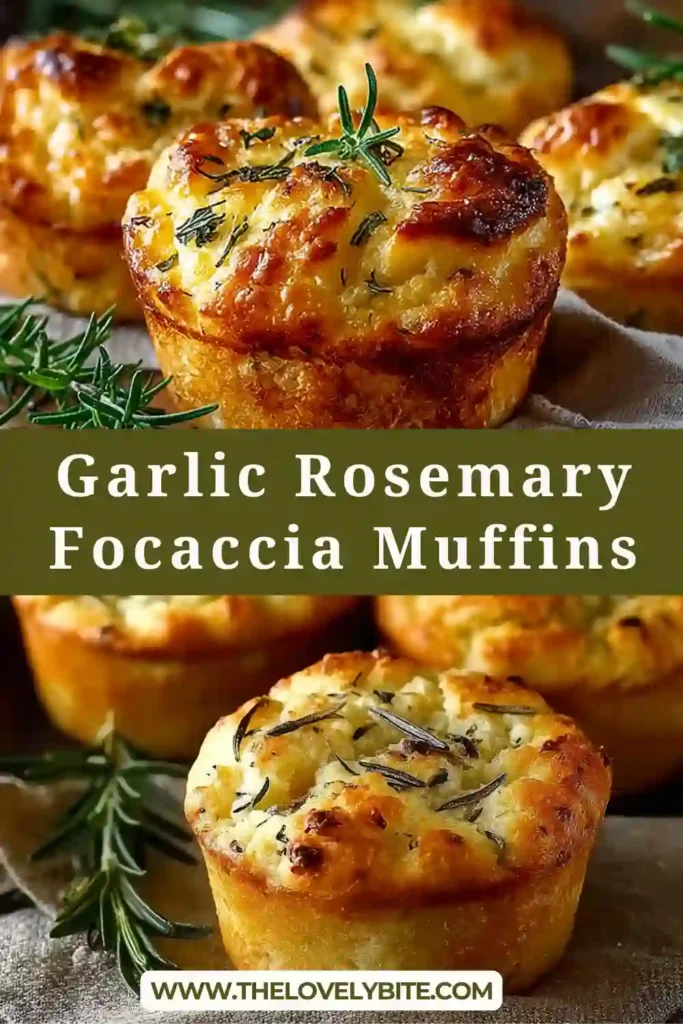Freshly baked garlic rosemary focaccia muffins topped with flaky sea salt and rosemary sprigs. Warm and aromatic bread texture.
