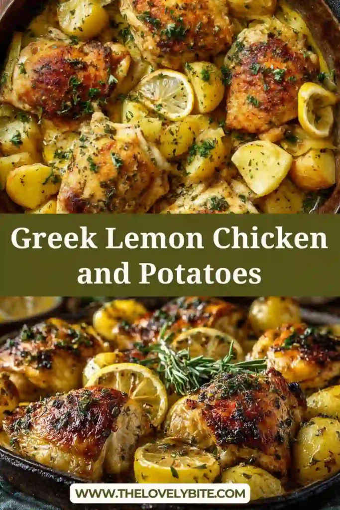 Greek Lemon Chicken and Potatoes served in a baking dish with crispy golden potatoes and juicy roasted chicken thighs. The lemon slices add a fresh Mediterranean touch.