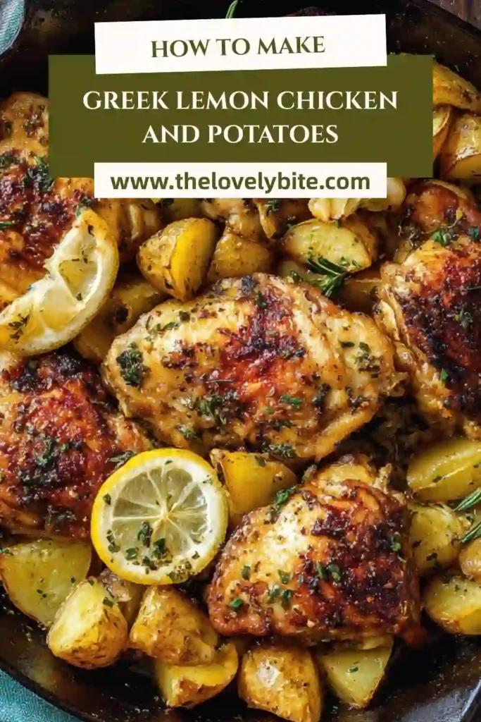 Close-up of Greek Lemon Chicken and Potatoes showing crispy skin and tender potatoes coated in garlic lemon sauce.