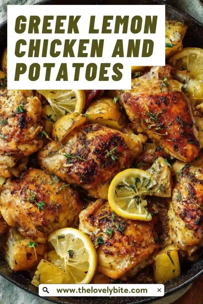 Oven roasted Greek Lemon Chicken and Potatoes with herbs and caramelized edges in a rustic dish.