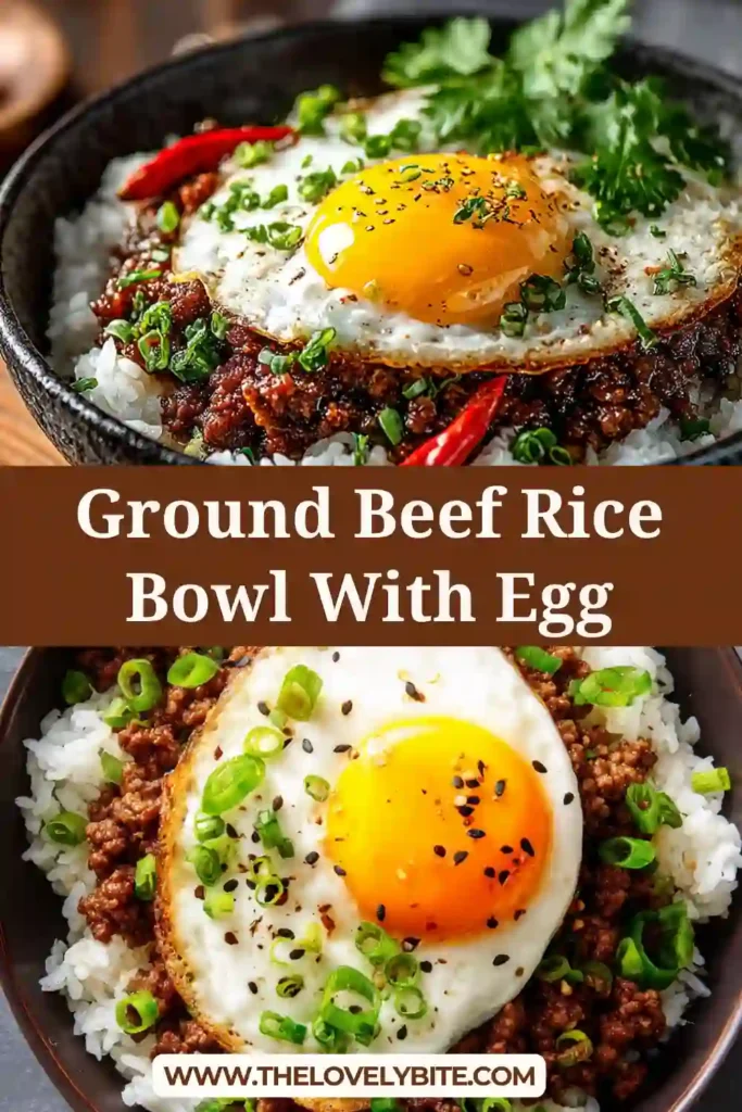 A bowl of Ground Beef Rice Bowl With Egg topped with seasoned ground beef, green peas, fluffy white rice, and a fried egg with a soft yolk. This easy beef rice bowl looks hearty, comforting, and perfect for a quick dinner.