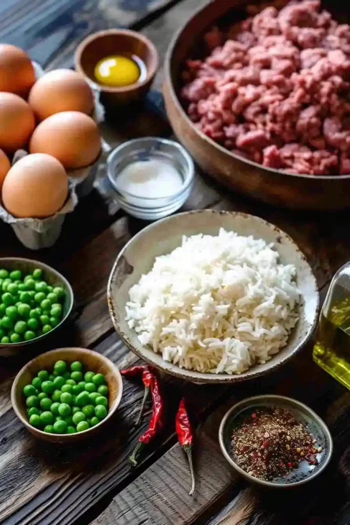A close-up of a rice bowl with fried egg served over white rice with browned ground beef and bright green peas. The textures look warm, rich, and satisfying in this high-protein dinner bowl.