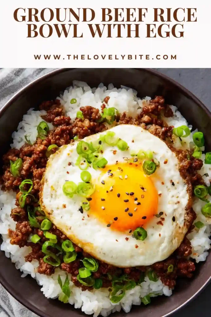 This Ground Beef Rice Bowl With Egg is served in a cozy bowl with fluffy rice, flavorful beef, sweet peas, and a golden fried egg. It is a quick and comforting meal with a homemade feel.