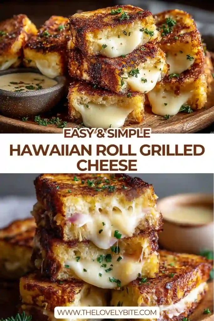 Close-up of Hawaiian Roll Grilled Cheese showing gooey Monterey Jack cheese melted between soft sweet rolls.