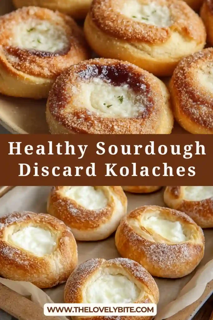 Healthy Sourdough Discard Kolaches arranged on a baking tray with creamy cheesecake filling in the center and golden streusel around the edges. The pastries look soft, fluffy, and lightly golden, perfect for breakfast or brunch.