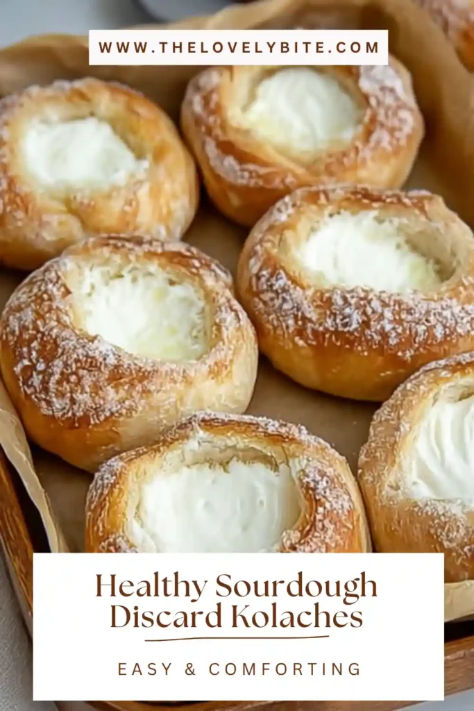A close-up of Healthy Sourdough Discard Kolaches showing tender enriched dough, smooth cream cheese filling, and a buttery crumb topping. This sourdough discard pastry has a homemade, bakery-style appearance.