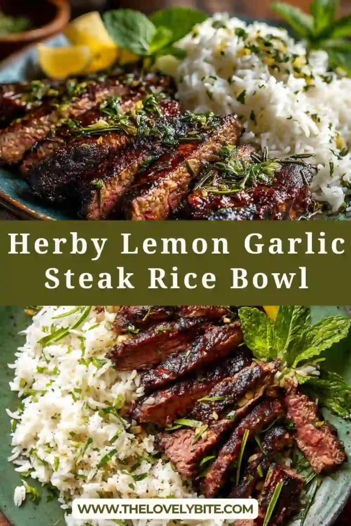 Herby lemon garlic steak and rice served with sliced avocado and fresh herbs in a vibrant bowl.