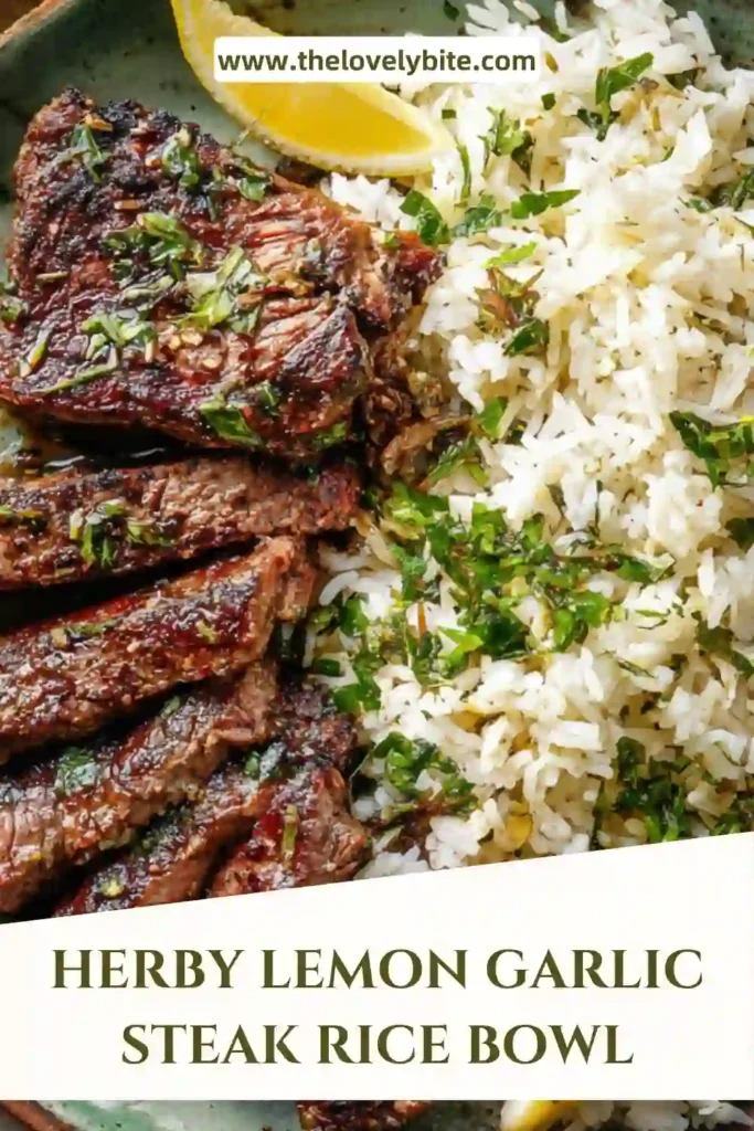 Grilled lemon garlic steak slices over herb rice with basil, cilantro, and dill.
