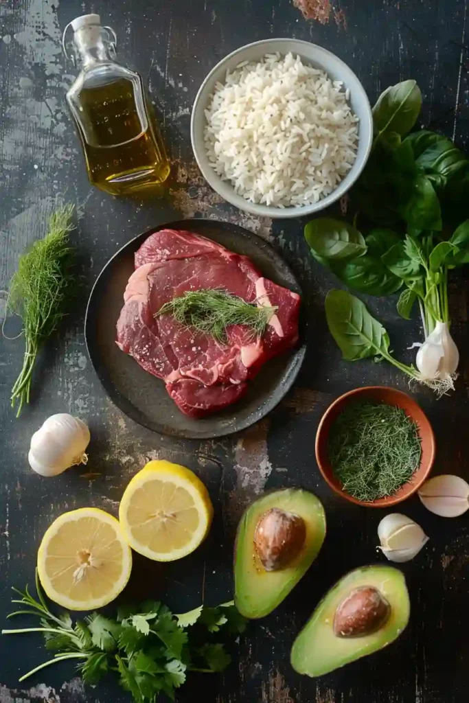 Steak rice bowl with citrus marinade glaze and avocado topping.