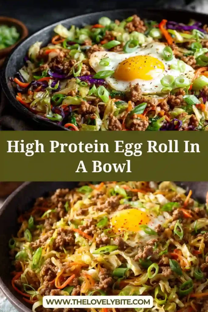 A high protein egg roll in a bowl made with ground turkey, cabbage, and vegetables in a skillet. The dish looks fresh, colorful, and healthy.