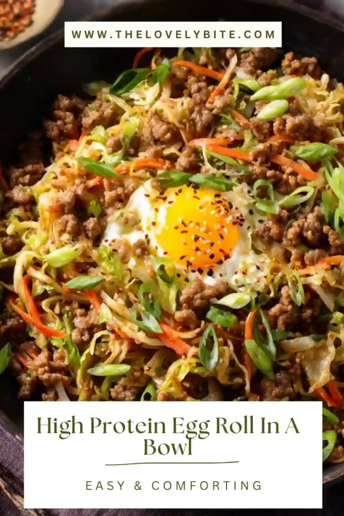 Close-up of a healthy egg roll in a bowl featuring lean turkey, shredded cabbage, and sesame seeds. A perfect low carb meal option.