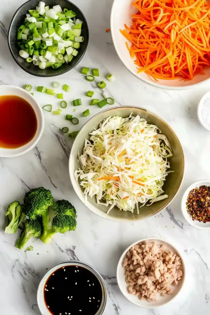 Overhead view of a turkey egg roll bowl with broccoli slaw and cabbage. A nutritious and easy one-pan dinner.