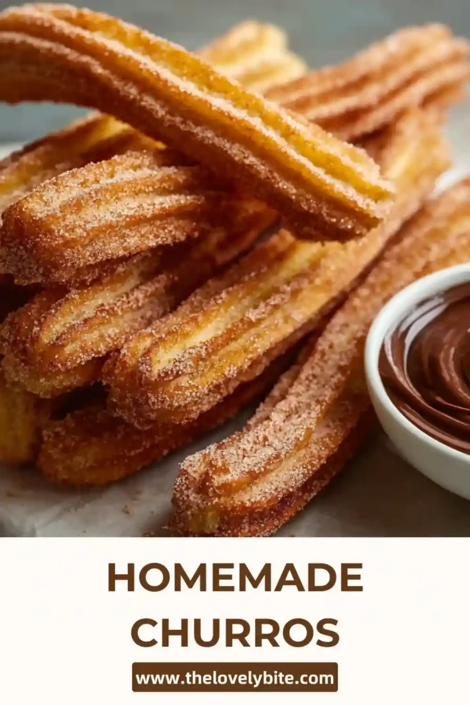 A plate of Homemade Churros coated in cinnamon sugar and served warm. The churros look golden brown, crisp on the outside, and perfect for dipping in chocolate sauce.