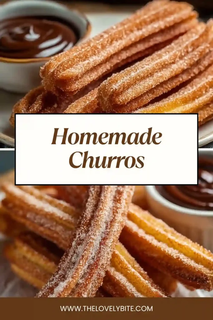 Close-up of crispy Homemade Churros stacked on a serving plate. The golden pastry is dusted generously with cinnamon sugar for a warm and comforting dessert.