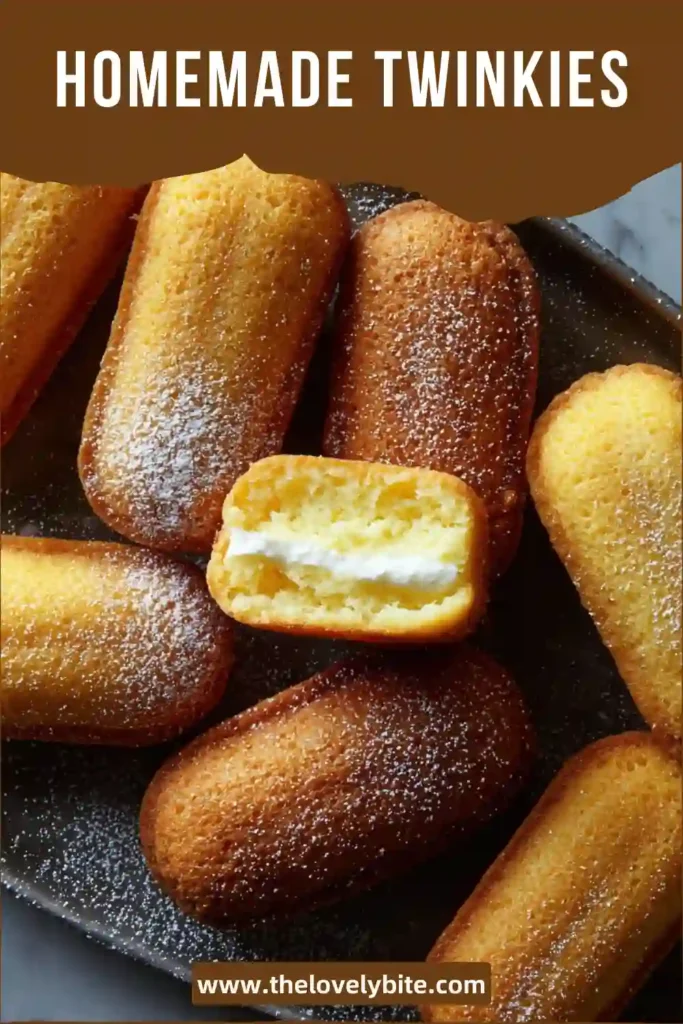 Freshly baked homemade Twinkies with golden sponge cake and creamy marshmallow filling. The soft snack cakes are arranged on a plate showing the fluffy interior.