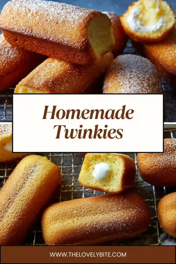 Close-up of homemade Twinkies sliced open to reveal smooth marshmallow cream filling inside soft vanilla sponge cakes.