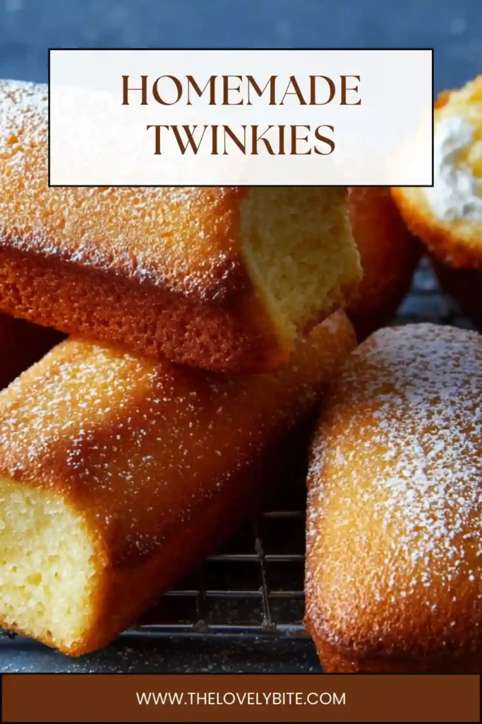 Light and fluffy homemade Twinkies with classic cream filling served as golden snack cakes on a dessert tray.