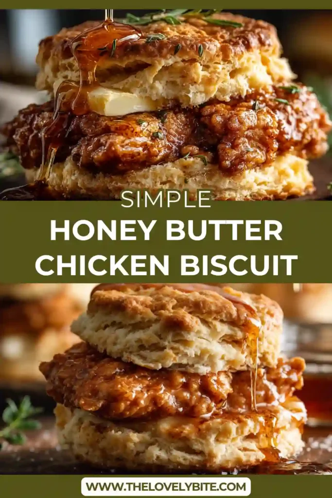 Crispy honey butter chicken biscuit with golden fried chicken inside a flaky homemade biscuit, drizzled with sweet honey butter.