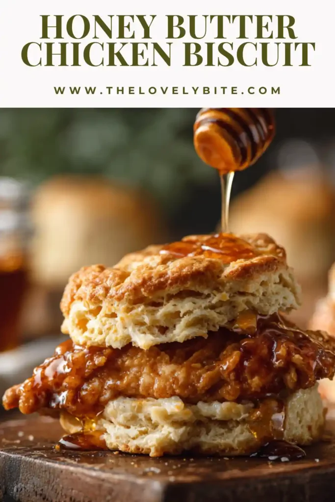 Close-up of a honey butter chicken biscuit showing crunchy fried chicken and soft buttery layers.