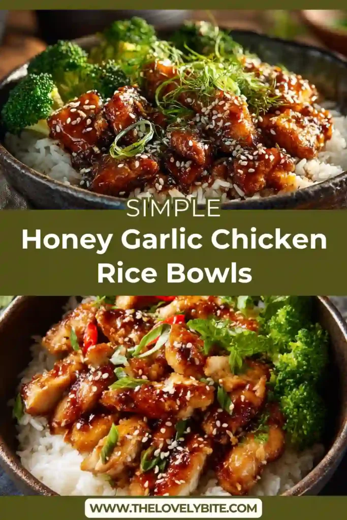 Close-up of Honey Garlic Chicken Rice Bowls showing tender chicken pieces over rice with green onions and sesame garnish.
