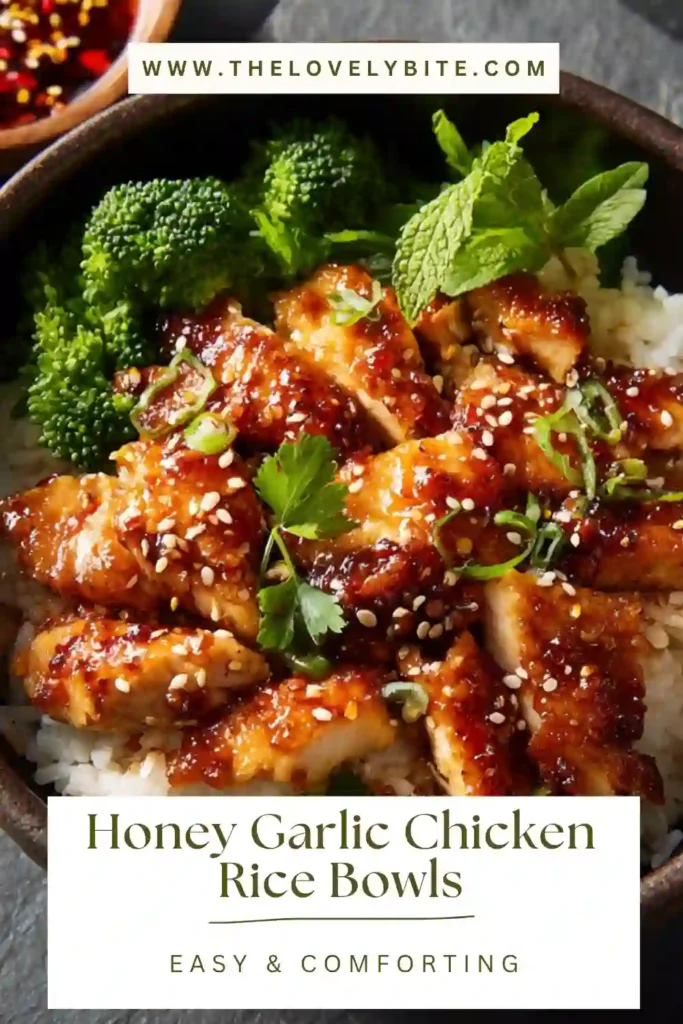 Honey Garlic Chicken Rice Bowls served with broccoli, rice, and sesame seeds in a clean white bowl. The chicken looks glossy and coated in a sticky sauce.