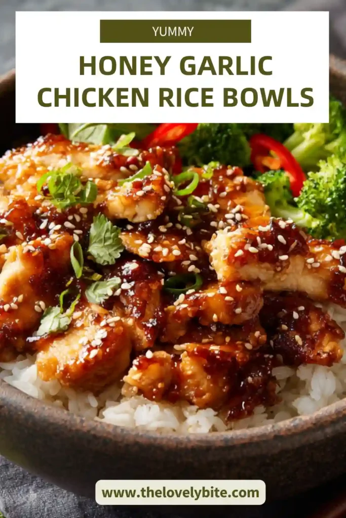Freshly prepared Honey Garlic Chicken Rice Bowls with steamed broccoli and fluffy rice, topped with a rich garlic sauce.