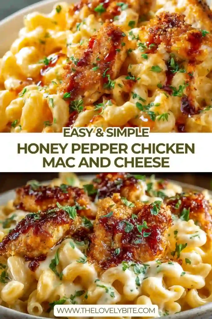A plate of Honey Pepper Chicken Mac and Cheese topped with crispy glazed chicken strips and fresh basil. The pasta looks creamy and cheesy, with a rich golden sauce coating every spiral.
