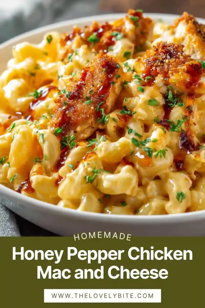 This Honey Pepper Chicken Mac and Cheese features tender pasta in a smooth cheese sauce with sweet and peppery chicken on top. The dish looks warm, comforting, and perfect for a hearty family dinner.