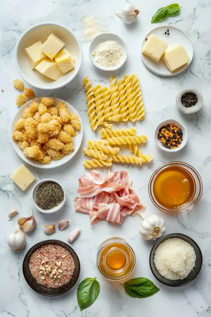A close view of Honey Pepper Chicken Mac and Cheese showing glossy honey pepper chicken over rich, cheesy spiral pasta. The texture looks creamy, crisp, and deeply satisfying.