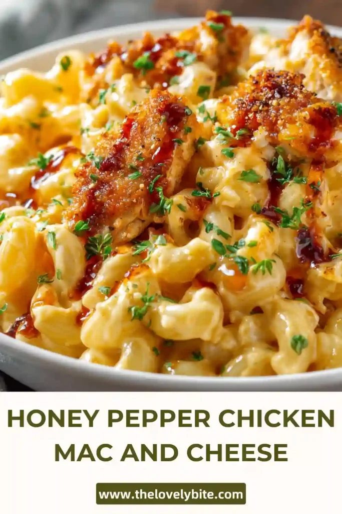 Crispy chicken strips coated in honey pepper sauce are served over creamy homemade mac and cheese. Fresh basil and savory turkey ham add color and flavor to this comforting pasta dish.