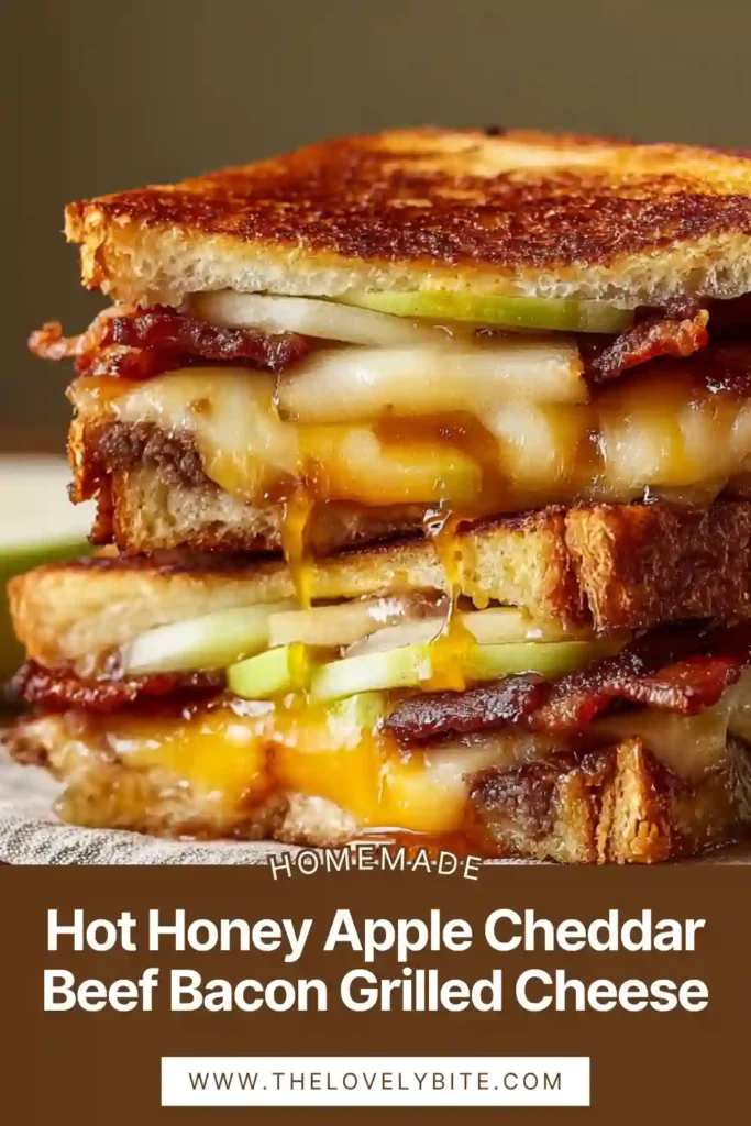 A golden crispy hot honey apple cheddar beef bacon grilled cheese sandwich sliced in half with melted cheese and apple layers visible.