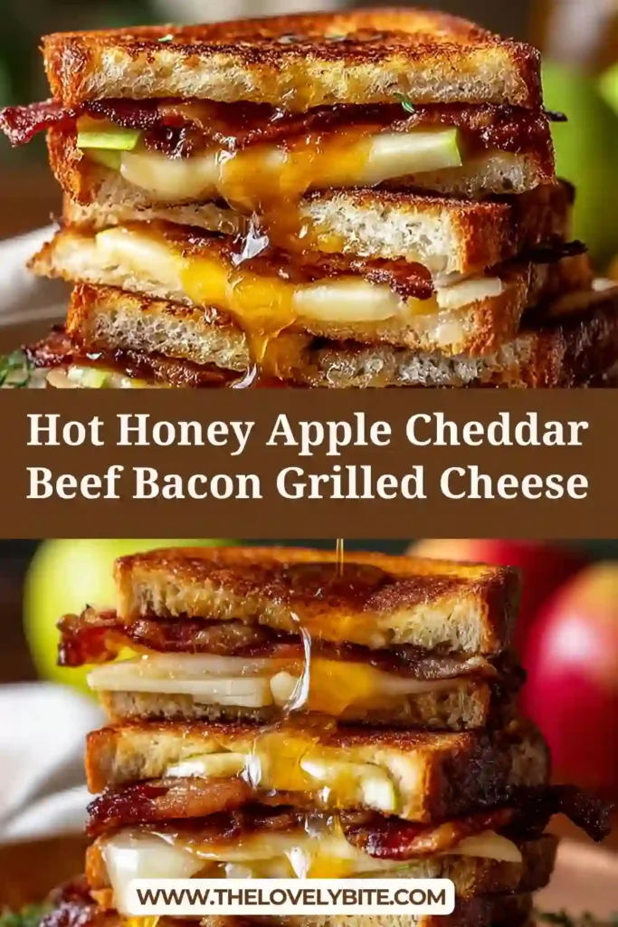 Close-up of a grilled cheese sandwich filled with beef bacon, cheddar cheese, apples, and drizzled hot honey.