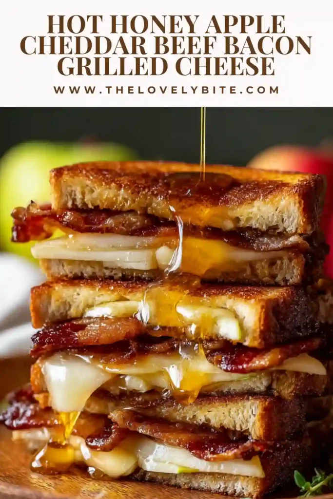 Toasted sourdough grilled cheese with melted cheddar, crispy beef bacon, and fresh apple slices on a plate.