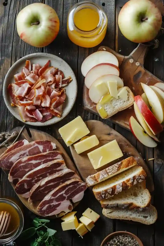 Gourmet grilled cheese sandwich with hot honey glaze, showing layers of beef, cheese, and apples.