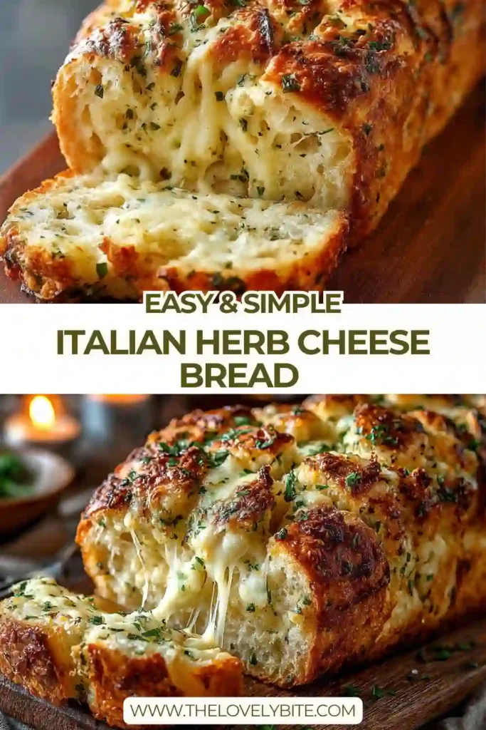 Italian Herb Cheese Bread twisted loaf filled with melted mozzarella and fresh herbs, baked until golden and fluffy.