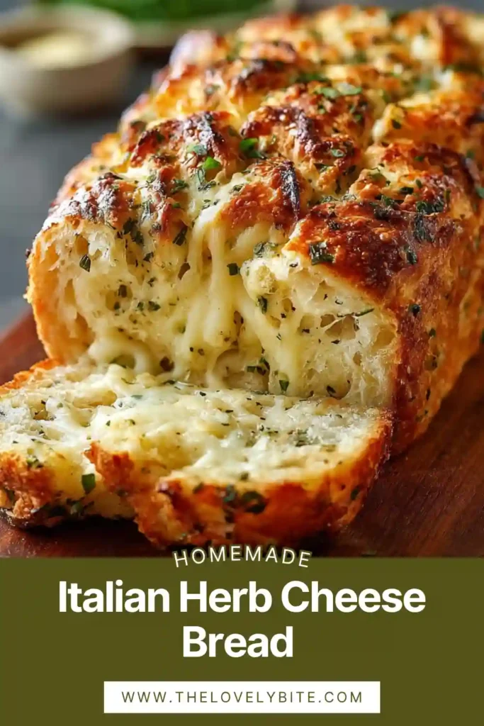 Close-up of cheesy herb bread showing creamy filling with parsley, basil, and Parmesan in soft homemade dough.