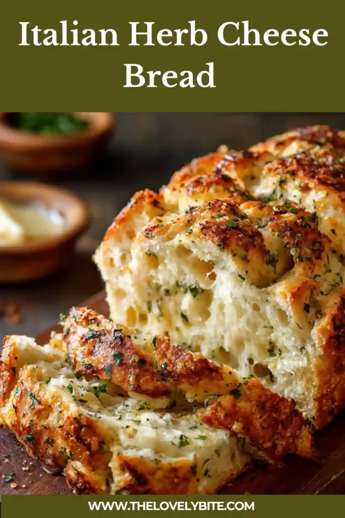 Freshly baked Italian Herb Cheese Bread with golden crust and visible layers of cheese and herbs.