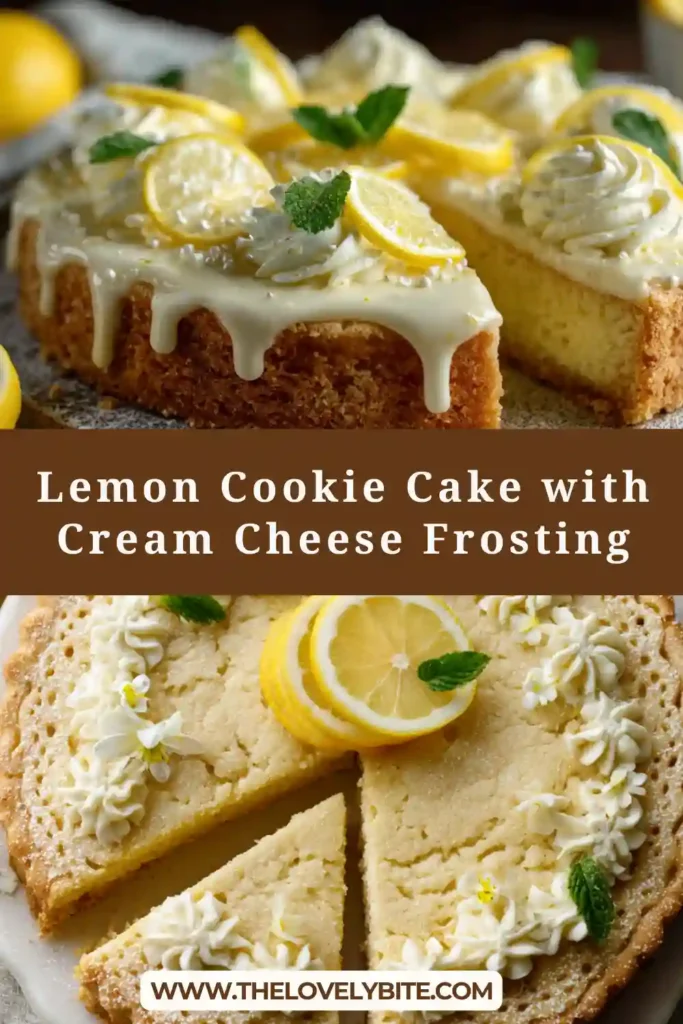 A frosted Lemon Cookie Cake topped with piped cream cheese frosting and white chocolate chips on a serving plate. This easy lemon dessert has a soft cookie texture and bright citrus flavor.