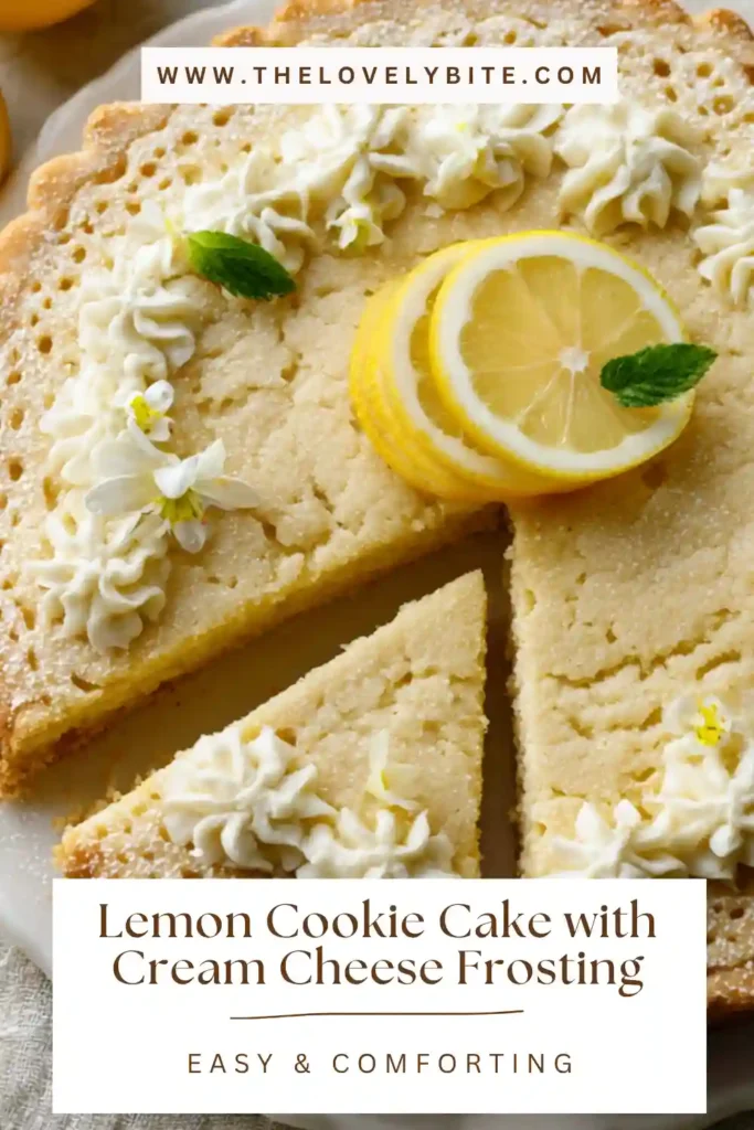 Close-up of a Lemon Cookie Cake with creamy frosting around the edges and a golden, soft-baked center. Fresh lemon juice and zest give this cookie cake recipe a vibrant homemade look.