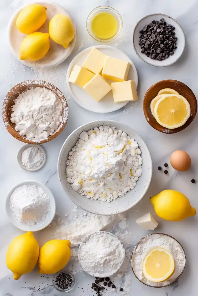 Top view of a Lemon Cookie Cake decorated with cream cheese frosting swirls and extra white chocolate chips. The cake has a chewy cookie base and a bright lemon flavor that stands out beautifully.