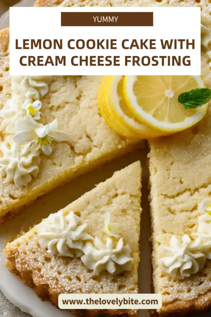 A homemade Lemon Cookie Cake sliced and ready to serve, featuring white chocolate chips and tangy cream cheese frosting. This lemon dessert looks rich, soft, and perfect for birthdays or spring gatherings.